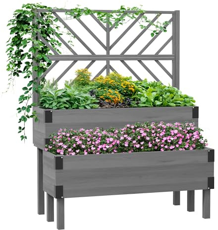 Outsunny 2-Tier Raised Garden Bed with Trellis, Wooden Elevated Planter Box with Drainage Holes and Metal Corners, Outdoor Raised Planter for Vegetables, Flowers, Herbs, Grey