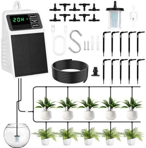 Solar Irrigation System, Self Automatic Greenhouse Watering Systems DIY Drip Irrigation System Kit with 10m Hose, Self Watering System for Potted Plants for Outdoor Indoor Garden Balcony Greenhouse