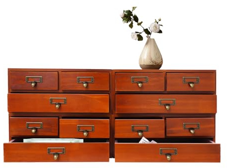 4 PCS Storage Cabinet, 12-Drawer Tabletop Wooden Rectangle Storage Box W/Label Holder & Handle,Traditional Apothecary Curio Cabinet,Storage Organizer For Pharmacy, Office, Porch, Living Room (Brown)