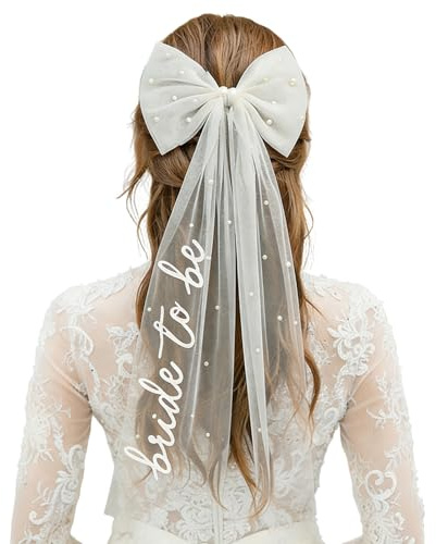 Foonary Kurzer Brautschleier, Kurzer Weißer Brautschleier mit Schleife und Perlen, Schleier Braut für Hochzeit, Junggesellenabschied und Brautparty, Wedding Veil Als Elegantes Accessoire