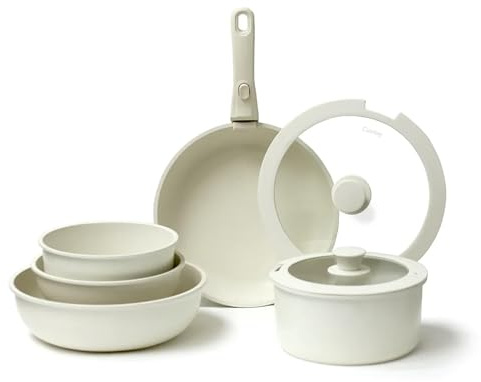 CASTEY - Batería de Cocina 8 Piezas, Modelo BAT-C8WH, Acero Inoxidable 18/10, Base de Aluminio, Recubrimiento Antiadherente Sin PFOA, Sartenes, Ollas y Cacerolas con Tapa y Mango Extraíble, Blanco