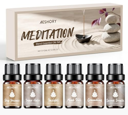 AESHORY Meditation Blanda Eteriska Oljor Set 6 x 10ML, Naturlig Aromaterapioljor Doftoljor för Diffusorer, Massage, Yoga - Jordning, Helig Andning, Sinnet Stilla, Inre Gloria, Insikt, Djup Närvaro