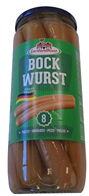 720 GR WURSTEL BOCKWURST GERMAN QUALITY IN VASO VETRO DA 8 PEZZI DA 90 GR WURSTEL TEDESCHI SENZA PELLE AFFUMICATI IN SALAMOIA