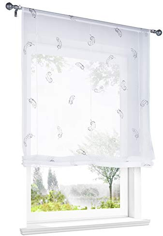 Raffrollo mit Feder Muster Stickerei Raffgardine Transparent Voile Vorhang (BxH 80x100cm, Hellgrau)