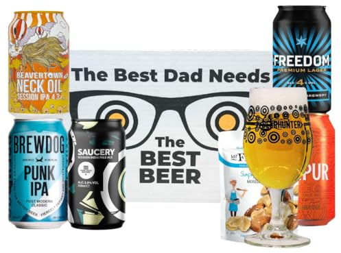 Father's Day British 'Best Dad' Mixed Craft Beer Set with Branded Glass and Pub Snacks, IPA, Lager, Pale Ale (5 x 330ml Cans) - Gifts for Men, Gifts for Dad, Birthday Hamper, Hampers,