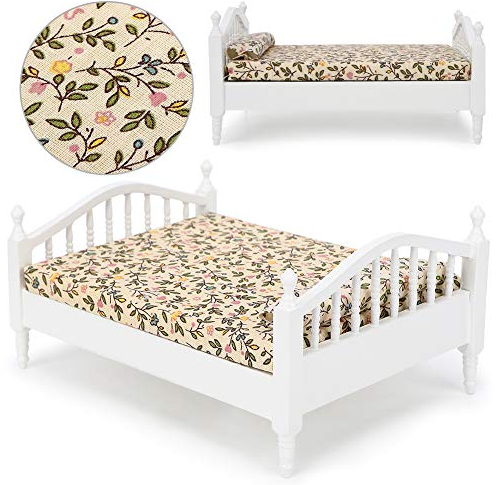 Tnfeeon 1:12 Dollhouse Decoration, Kids Doll House Miniature Bedroom Single Bed with Mattress Wooden Mini Model Set Accessory(Bed)