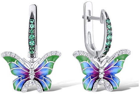 Namana atemberaubende Schmetterlings-Ohrringe für Damen. 925 Sterling Silber Ohrstecker für Frauen mit grünen und weißen Zirkonia Edelsteinen und bunten Emaille Details. Silber Ohrhänger