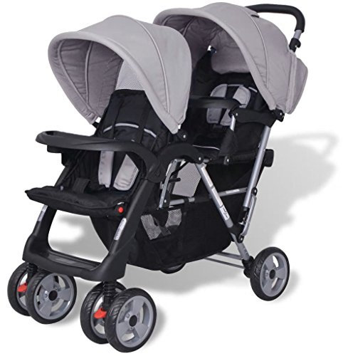 Tidyard Passeggino Gemellare a Tandem Pieghevole Rosso/Blu/Grigio e Nero in Acciaio - Carrozzina Doppia Con Carico Massimo 2x15 kg