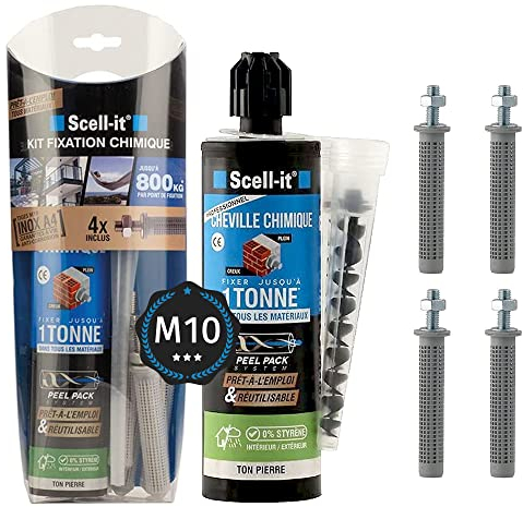 Kit de Scellement chimique Tiges INOX M10, Jusqu'à 800Kg de résistance, Prêt à l'Emploi, Garanties à vie SCELL-IT, Ton Pierre, Cartouche Fixation Extrême avec Tamis
