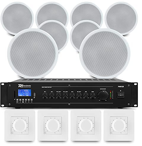 Power Dynamics Bluetooth Ceiling Speaker System Kit, 4-Zone Multi Room Audio with 8x CSPB6 6.5 Speakers, PRM120 Amplifier & Wall Volume Controls, Ideal for Shops, Restaurants & Commercial Use