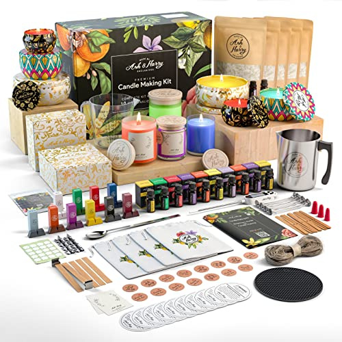 ASH & HARRY Kerzenherstellungs-Set für Erwachsene und Kinder, Anfänger, DIY-Kerzenherstellungszubehör mit natürlichem Sojawachs, 10 ätherische Öle und 10 Sojawachs-Farben