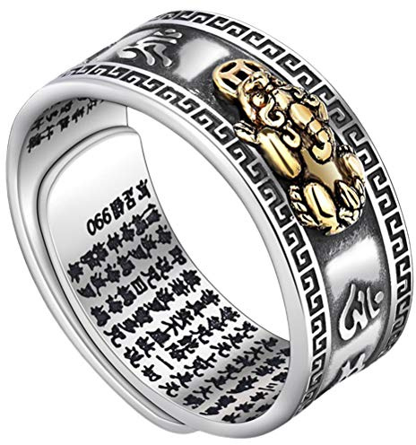 Shangtan Silberringe Herren, 99 Silber Pixiu Buddhistisches Herz Sutra Ring Männer Frauen, Feng Shui Ring, Öffnung Einstellbares Mantra Amulett Reichtum Glücksring Geschenk,