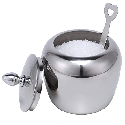 Zuccheriera, Zuccheriera con Coperchio, Zuccheriera Acciaio Inox, Creatività Barattolo Condimenti con Coperchio con Cucchiaio per Bar, Ristorante, Cucina e Casa (Argento)