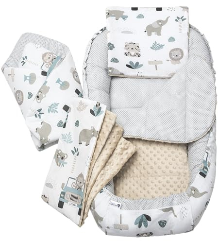 Medi Partners Nido Bebe Recien Nacido Reductor de Cuna - 100x60x15 Juego de 5 Piezas bebés anticolicos Bilateral Portátil o de Viaje 100% Algodón (Menta Zoo con Minky Beige)