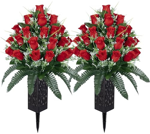 LVXINLI 2 Sets Artificial Cemetery Flowers,Outdoor Grave Decorations Roses,Beautiful Arrangements Bouquet with Cemetery Vase,Lasting and Non-Bleed Colors (Red)