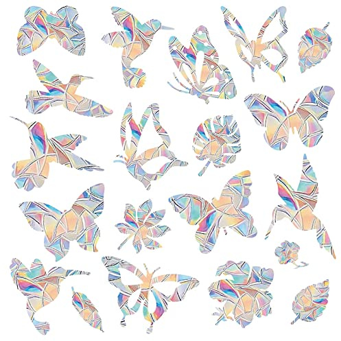 Lystaii 38 Pcs Window Clings Rainbow Decals Stickers for Anti Collision Bird Strikes Prevent Bird Strikes Hitting on Glass Windows Transparent Suncatcher Stickers (Butterfly, Leaf)