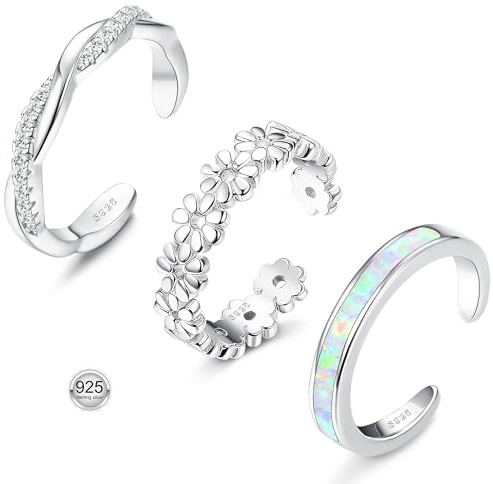 FIASASO 925 Sterling Silver Toe Rings for Women Adjustable 14K White Gold Plated Silver