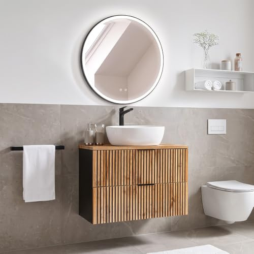 Lomadox Badezimmer Waschplatz Set Gäste WC Waschtisch 81 cm Unterschrank Keramik Waschbecken Spiegel Beleuchtung anthrazit Eiche Nb. schwarz B/H/T 80,6/200/46,5 cm