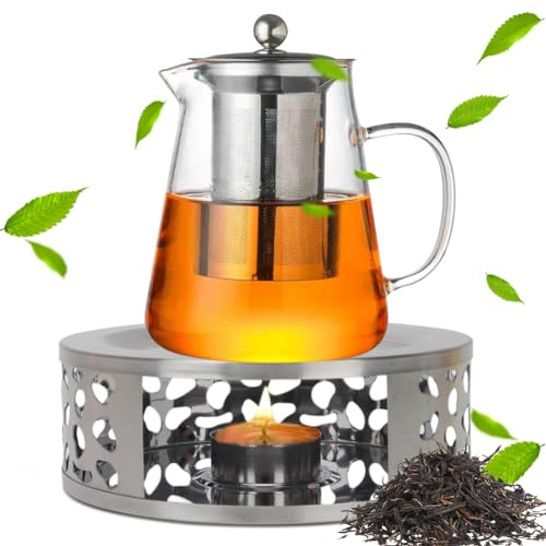 Umllpet Teekanne Glas mit Siebeinsatz,(1,3L)Teebereiter Glas mit Stövchen Edelstahl Teewärmer Teekanne Suit Tee Set Kaffeekanne Teesieb Kanne für Tee Stövchen aus rostfreiem für Kochender Tee