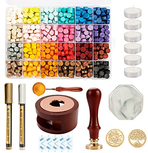 644PCS WachsSiegel Stempel Kit, 24 Farbe SiegelWachs Set, 600PCS WachsSiegel Perlen/Metall Stempel/Schmelzen Werkzeug/Wachs Matte/Aufkleber für Umschläge Brief Hochzeit DIY Dekoration Geschenk (04)