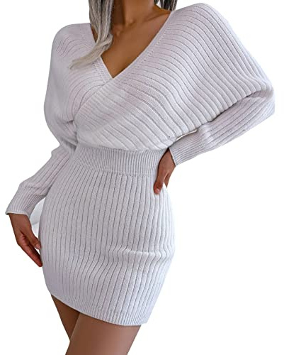 Dam omlottklänning stretch stickade klänningar V-ringad puffärm elegant tröjklänning höst vinter långärmad varm tröja klänning miniklänning kort festklänning lös fritidsklänning pennklänning, Vit, S