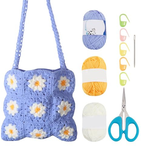 ORIGACH DIY Gänseblümchen-Häkel-Tragetaschen-Set für Anfänger, Floral Crochet Granny Square Handmade Bag Set für Erwachsene, Complete Crochet Accessories Kit mit Anleitung und Video