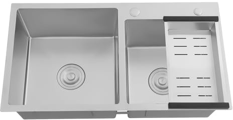 SOLOCJNL Fregadero doble de acero inoxidable, fregadero de cocina doble con escurridor, bajo encimera de acero inoxidable, fregadero empotrable para cocina, baño, 78 x 43 x 21 cm