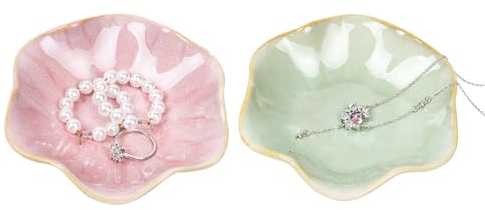 Nideen Lot de 2 plateaux à bijoux en céramique - Assiettes à bijoux pour bagues, boucles d'oreilles - Bol décoratif pour clés (rose, vert clair)