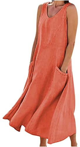 SYDUZAX Linen Dresses for Women UK Plus Size Summer Casual Sleeveless T-Shirt Dresses with Pockets Cotton Linen Long Dress Plain V Neck Midi Dress Loose Fit Tank Dress Flowy Sundress Orange