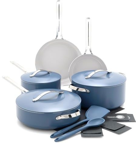 GreenPan Nova 10-Piece Cookware Pots & Pans Set, Oprah’s Favorite Things 2024, PFAS-Free Ceramic Nonstick, Fry, Sauté, Stockpot, Utensils, Lids, Induction Suitable, Dishwasher & Oven Safe, Ocean Blue