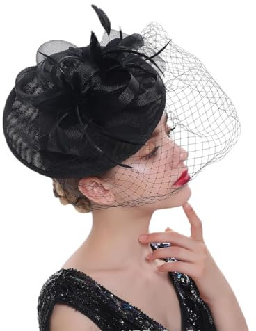Hgvcfcv Fascinator mit Schleier und Federn, formeller Hut, Fascinator, Hüte, Teeparty-Hüte für Damen und Mädchen, Blumenfedern, Netzhut, Schwarz , Einheitsgröße