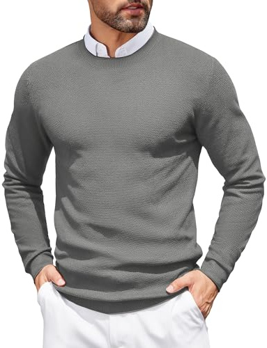 COOFANDY Herr långärmad stickad tröja tröja med rund hals upprullad fåll pullover vinter varm herrtröja, Grå, XXL