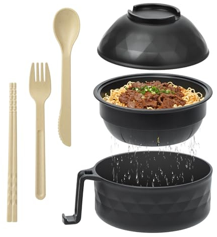 MUUBOOX Ramen Cooker,32oz Ramen Bowl Set,Microwave Ramen Bowl, Microwave Bowl with Lid, Portable Noodle Bowls,for Home Office Dorm Room College gift (Black)