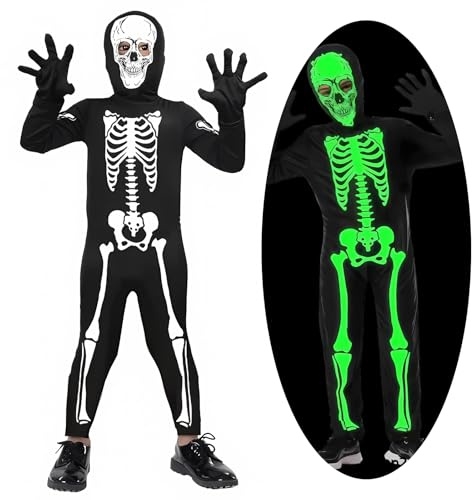 GEERDAN Skelett Kostüm für Kinder, Unisex Glühen im Dunkeln Mit Maske und Handschuhe, Halloween Geister Kostüm für Karneval/Geburtstag/Partys (XL 130-140CM)