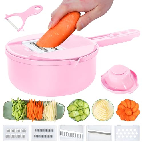 Cortador de verduras 7 en 1, rallador de verduras con contenedor, cortador de verduras multifuncional con 6 cuchillas de acero inoxidable para cocina (rosa, 7 en 1)