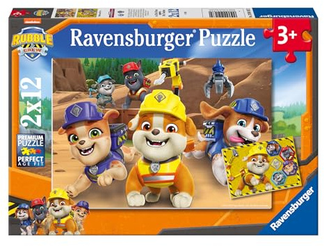 Ravensburger Puzzle Paw Patrol Bulldoge Rubble und Sein Team - 2x12 Teile | 2x12 Teile Paw Patrol Puzzle, Kinderpuzzle ab 3 Jahre, Ravensburger Qualität