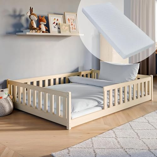 Kinderbett Bodenbett 140x200 cm Bett mit Matratze, Rausfallschutz & Lattenrost Montessori Bett Bed Gitterbett Kinder Jugendbett Einzelbett | Natur Kiefer Holz massiv Junge Mädchen