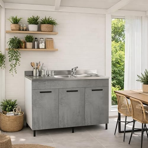 Linea Azzurra Sottolavello 120 Solo Mobile Cucina con 3 Ante in Legno Made in Italy H85xL120xP50 cm Facile da Montare (Vasca a Sinistra, Cemento)