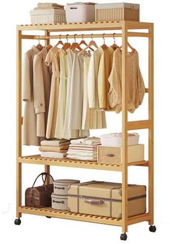 Kleiderständer, Kleiderständer Bambus/Kleiderstange mit Höhenverstellbaren Regalen, Rollgarderobe mit Kleiderstange, Offener Kleiderschrank mit Schuhablage Kleiderstange für Schlafzimmer Flur