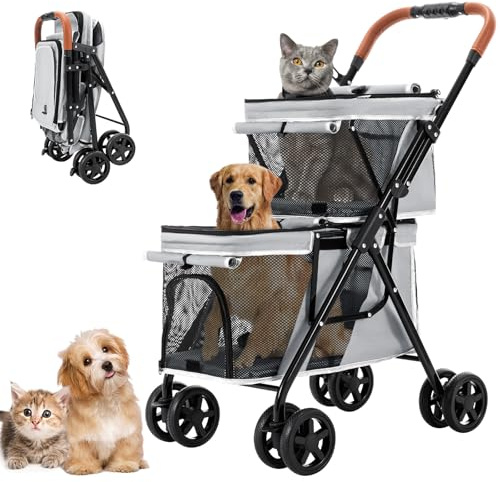 Joyfultails Carrito para Perros Doble Asiento; Carro Plegable 20KG con Freno Seguro y 4 Ruedas - Transporte Cómodo para 2 Perros o Gatos; gris