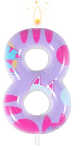 Candela di Compleanno a Tema, Candela Numero Compleanno a Tema Gatto Decorazioni per Compleanno a Forma di Gatto dei Cartoni Animati Candele con Numero di Gatto Decorazioni (Numero 8)