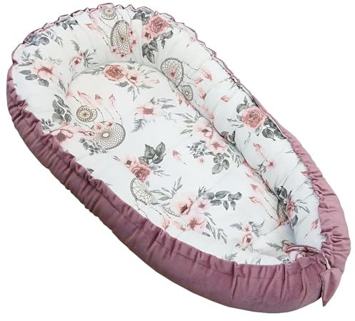 Leanbe Babynest 90x50 cm – Babynestchen für Neugeborene, Nestchen Baby aus Baumwolle & Polyester, Bettnestchen für Winter/Herbst, Baby Nest Set für Indoor & Outdoor (VELOURS ROSA)