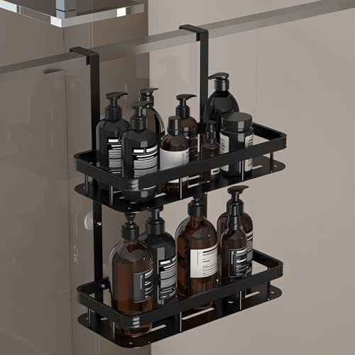 ZYNERY Shower Caddy Hanging, 2 Tier Over Door Shower Shelf With 4 Hooks, Bathroom Storage Rack No Drill for Shampoo and Razor Soap, Bathroom Storage Stainless Steel, Black