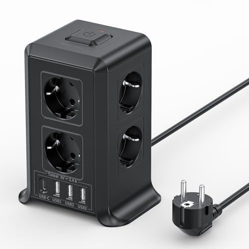 3 M Multipresa Verticale, Torretta Multipresa con 4 Porte USB e 8 Prese di Corrente, Vertical Power Strip con Protezione Dell'interruttore, Adatta per Uffici, Scrivanie e Camere da Letto di Casa