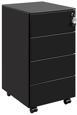 HOMSTEEL Rollcontainer, Mobiler Aktenschrank mit Schloss, 4 Schlüssel, 4 Schubladen, Metallschrank, Bereits Vormontiert, für Büro, Heimbüro, Schwarz