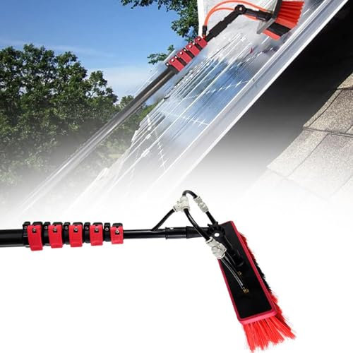 Sunseota Water Fed Pole Kit & Outdoor Window Cleaner Window Glass Photovoltaic Solar Panel Cleaning System Washing Equipment Tool Solution& Scrubber Brush & Hose Spray Washer Red,30FT【9M】