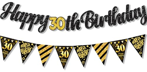 ParPix 2 Stück Girlande 30 Geburtstag Deko, Schwarz Gold 30. Geburtstag Deko Banner, Girlanden Deko 30 Geburtstags Frau Männer, 30er Geburtstags Girlande, Happy 30th Birthday Banner,Geburtstagsdeko 30