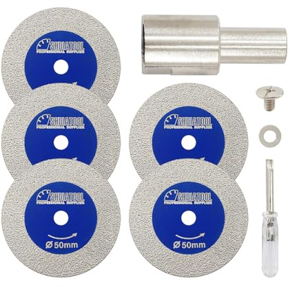 SHDIATOOL Mini Glass Cutting Disc 50MM Diamond Blades with M14 Flange | Small Tile Cutter 50 mm Diamond Cut Wheel Ultra-Thin 1mm for Ceramic Porcelain Marble Crystal with Screwdriver, 5Pcs