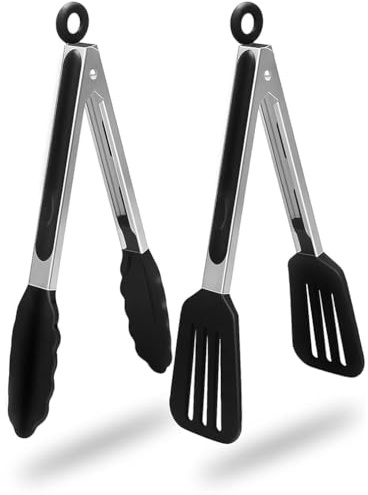 Kitchen Tongs with Padlock System | 9 Inch Silicone Tip Tongs | Non Stick for Air Fryer & Salad/Pasta | Kitchen Utensil Cooking Tongs Set of 2 | Food Grade Silicone Tong for Baking, Frying, Serving