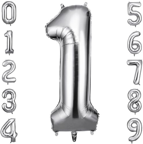OFFCUP Palloncino Numero 1 Argento Gigante 40 Pollici Foil per Compleanno | Gonfiabile ad elio, circa 100 cm, in alluminio foil, decorazione per feste compleanno matrimonio anniversario baby shower